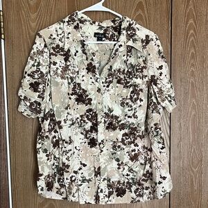 Women's Floral Button-Up Blouse - Brown and Cream